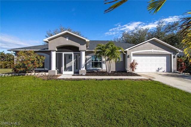 ranch-style house featuring a garage, concrete driveway, a front lawn, and stucco siding