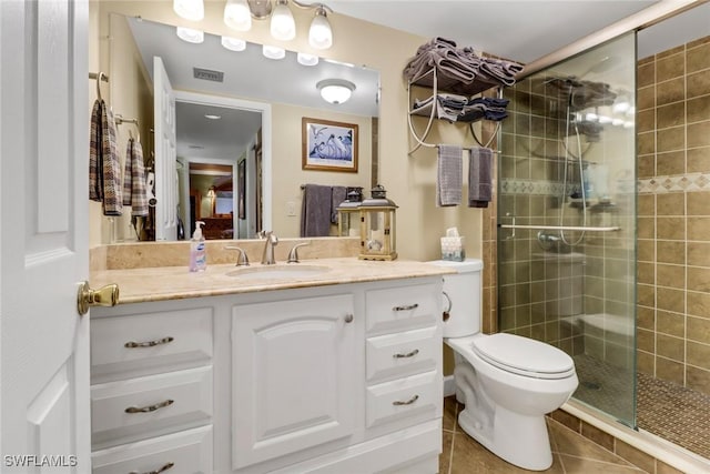 full bath with toilet, visible vents, vanity, a shower stall, and tile patterned floors