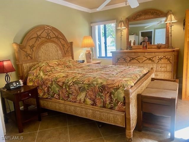 tiled bedroom with crown molding