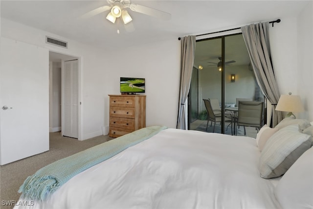 bedroom featuring carpet floors, access to exterior, visible vents, a ceiling fan, and baseboards