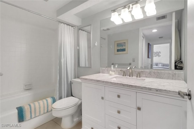 bathroom featuring visible vents, toilet, tile patterned floors, shower / bath combo with shower curtain, and vanity