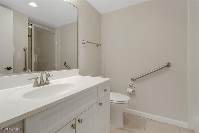 full bathroom with baseboards, toilet, tile patterned floors, an enclosed shower, and vanity