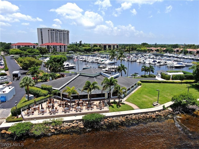 bird's eye view with a water view