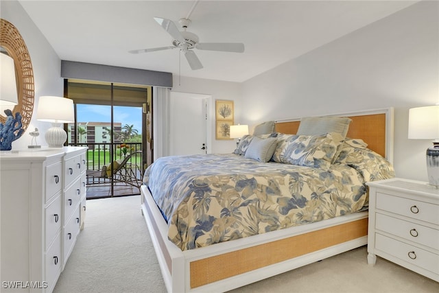 bedroom with access to exterior, light carpet, and a ceiling fan