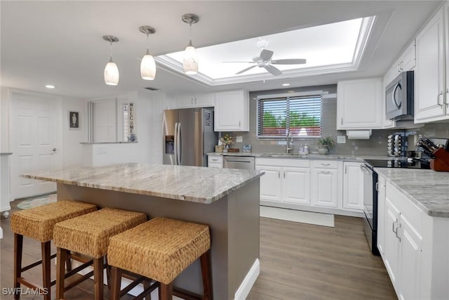 kitchen featuring decorative backsplash, a breakfast bar, a tray ceiling, stainless steel appliances, and white cabinetry