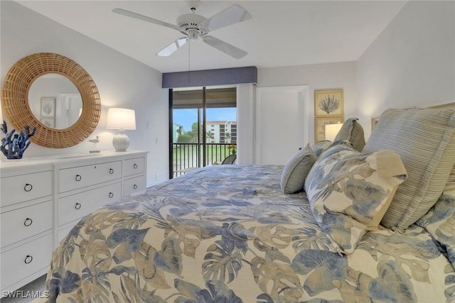 bedroom featuring access to exterior and ceiling fan