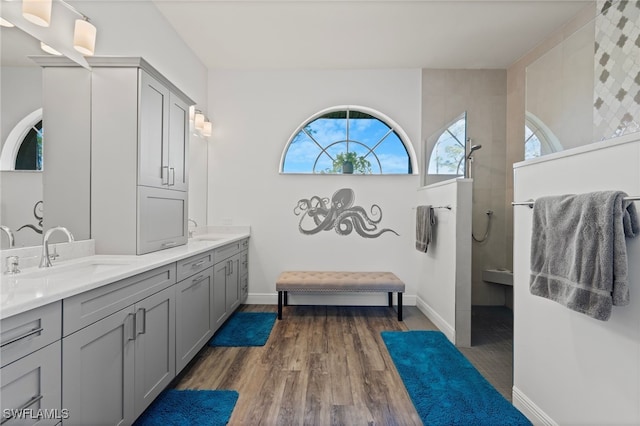 full bathroom with a walk in shower, double vanity, wood finished floors, and a sink