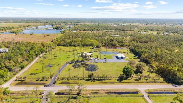 bird's eye view with a water view and a view of trees