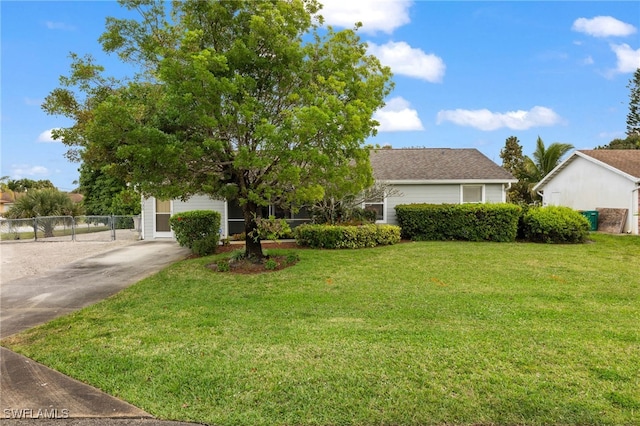 view of front of house featuring driveway, a garage, fence, and a front yard