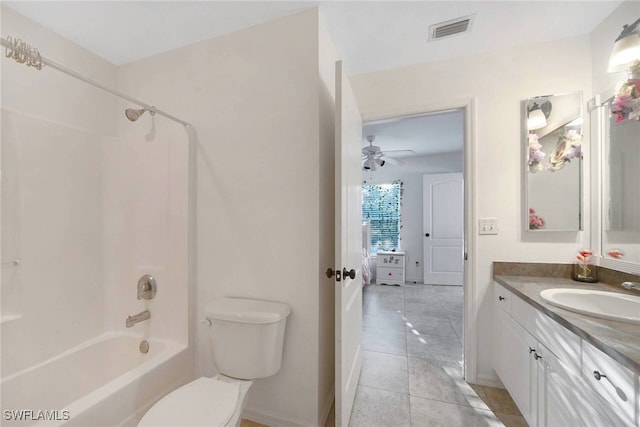 bathroom featuring visible vents, shower / bathing tub combination, toilet, vanity, and tile patterned flooring