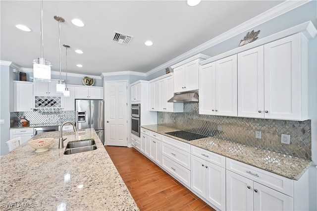 kitchen featuring visible vents, appliances with stainless steel finishes, wood finished floors, under cabinet range hood, and a sink