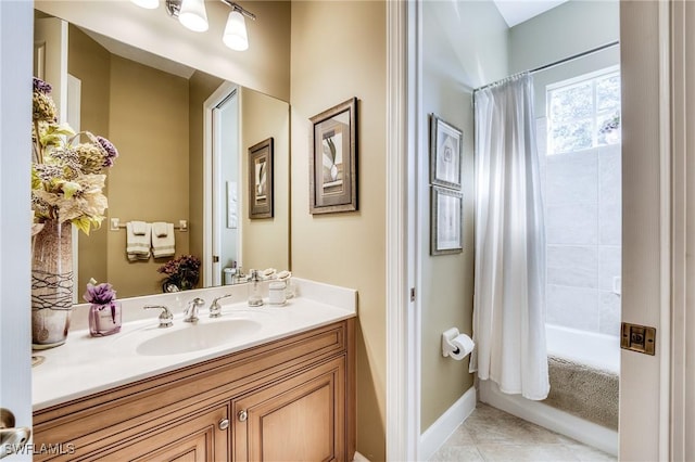 10731 Wintercress Dr, Estero, FL 34135 - bathroom featuring baseboards, shower / bath combination with curtain, tile patterned flooring, and vanity