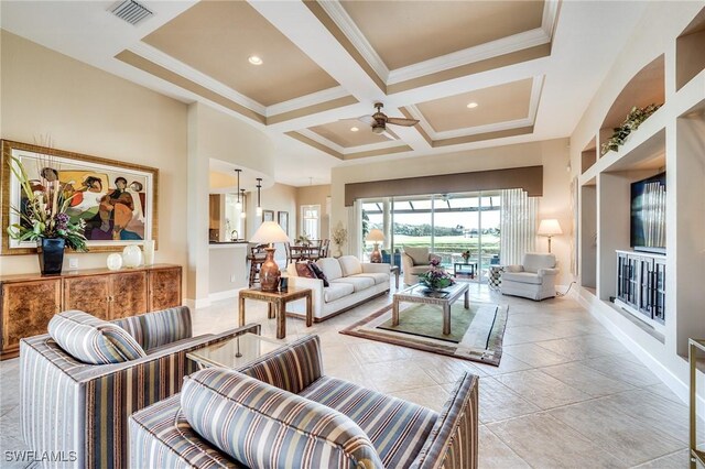 10731 Wintercress Dr, Estero, FL 34135 - living area with coffered ceiling, baseboards, visible vents, ceiling fan, and ornamental molding