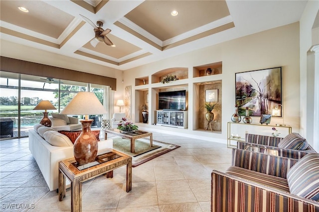 living room featuring built in shelves, crown molding, recessed lighting, a ceiling fan, and coffered ceiling