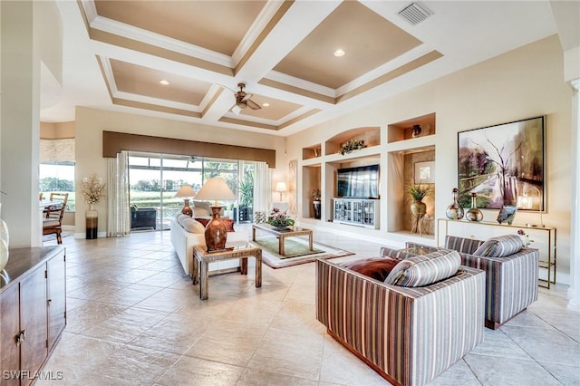 10731 Wintercress Dr, Estero, FL 34135 - living room with coffered ceiling, built in shelves, a towering ceiling, visible vents, and a ceiling fan