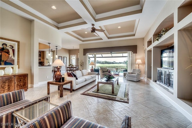 10731 Wintercress Dr, Estero, FL 34135 - tiled living area featuring crown molding, baseboards, a towering ceiling, a ceiling fan, and coffered ceiling