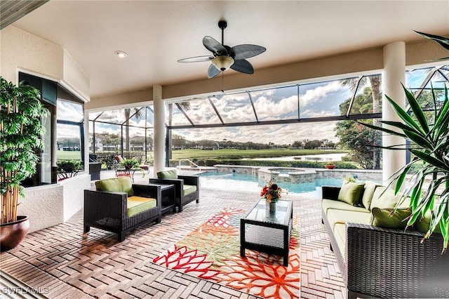 10731 Wintercress Dr, Estero, FL 34135 - view of patio / terrace with a ceiling fan, a pool with connected hot tub, an outdoor hangout area, and glass enclosure