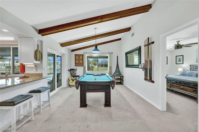 playroom featuring lofted ceiling with beams, light carpet, and pool table