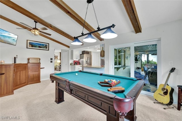 game room with light carpet, ceiling fan, lofted ceiling with beams, and pool table