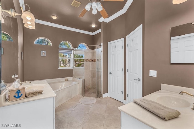 full bath featuring visible vents, tile patterned floors, a sink, a shower stall, and two vanities