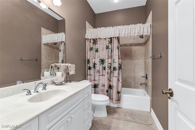 full bathroom with tile patterned flooring, toilet, vanity, baseboards, and shower / bathtub combination with curtain