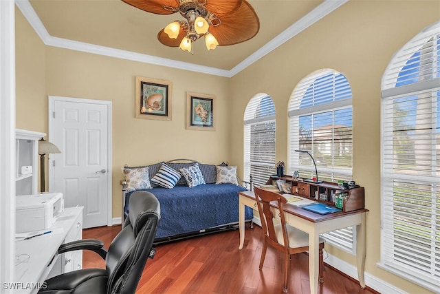 bedroom with dark wood-style floors, baseboards, a ceiling fan, and crown molding