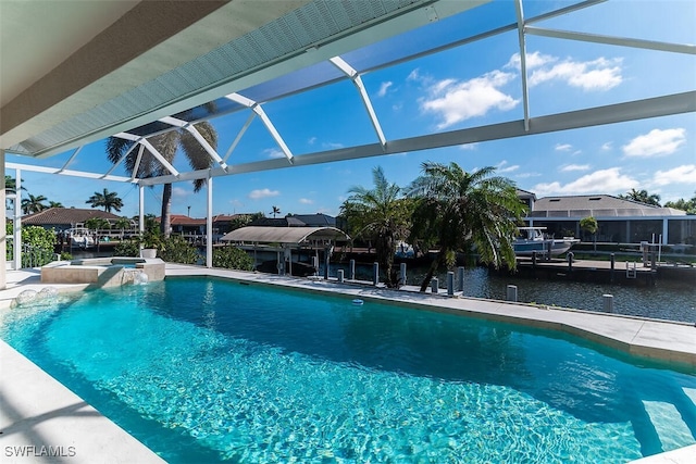 view of pool with a patio, a boat dock, a lanai, and a pool with connected hot tub