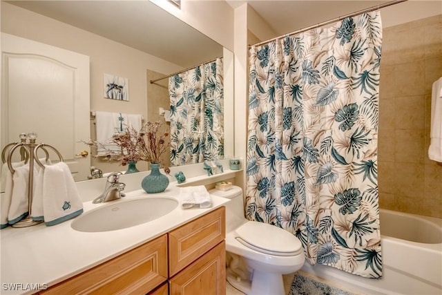 full bathroom with toilet, shower / bath combo, and vanity