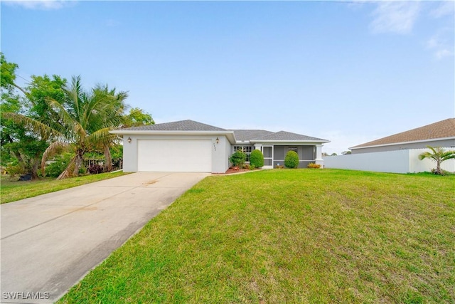 ranch-style house featuring a garage, fence, driveway, stucco siding, and a front yard