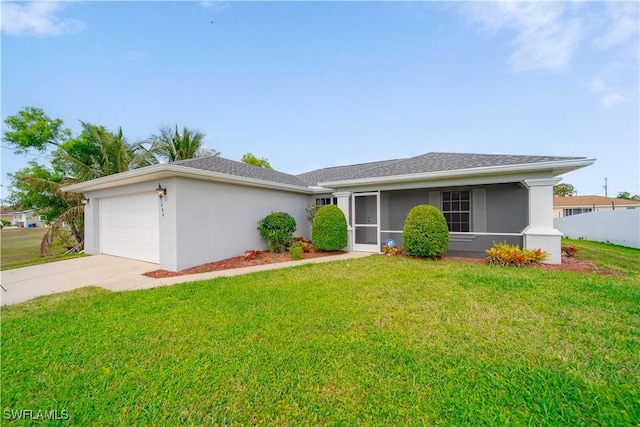 ranch-style home with a garage, a front lawn, and stucco siding