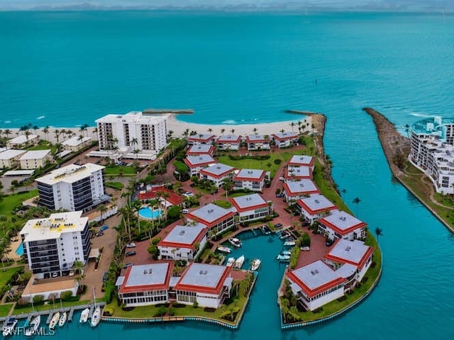 aerial view featuring a water view and a city view