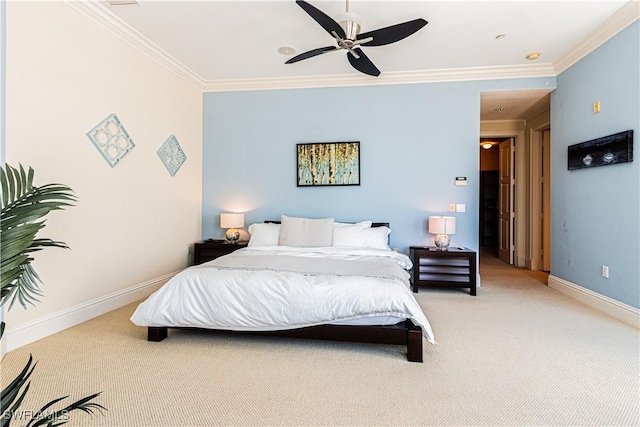 bedroom featuring a ceiling fan, baseboards, crown molding, and light colored carpet