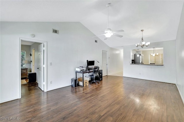 living area featuring visible vents, baseboards, wood finished floors, and ceiling fan with notable chandelier