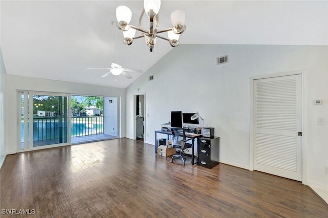 office area featuring ceiling fan with notable chandelier, wood finished floors, visible vents, and high vaulted ceiling