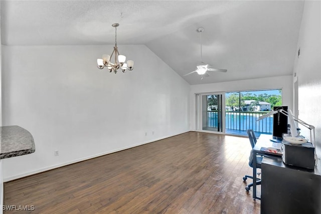 interior space featuring high vaulted ceiling, ceiling fan with notable chandelier, dark wood-style flooring, and baseboards