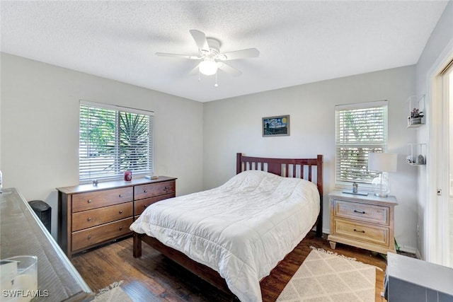 bedroom with multiple windows, a textured ceiling, and dark wood-type flooring