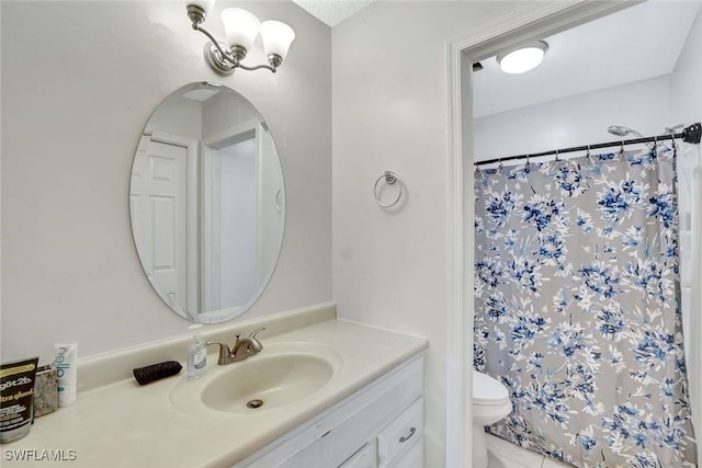 full bath with a shower with shower curtain, toilet, and vanity