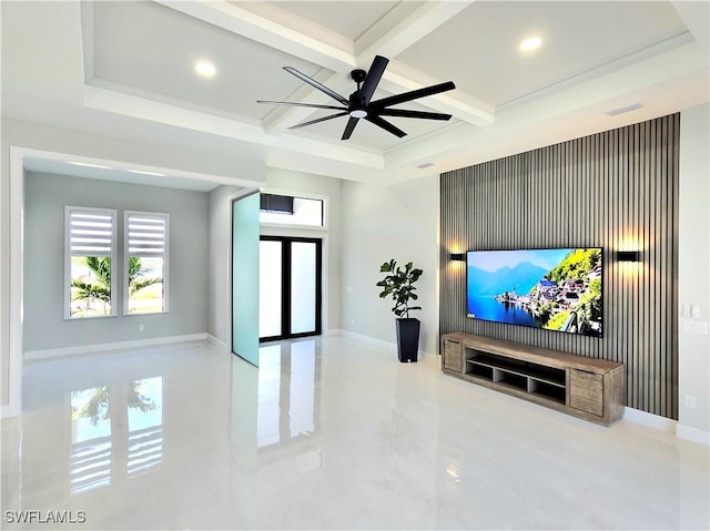 cinema room with baseboards, coffered ceiling, a ceiling fan, beamed ceiling, and recessed lighting