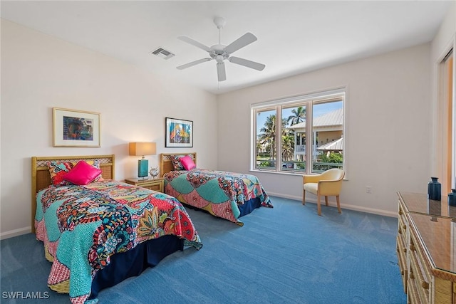 bedroom with a ceiling fan, carpet, visible vents, and baseboards