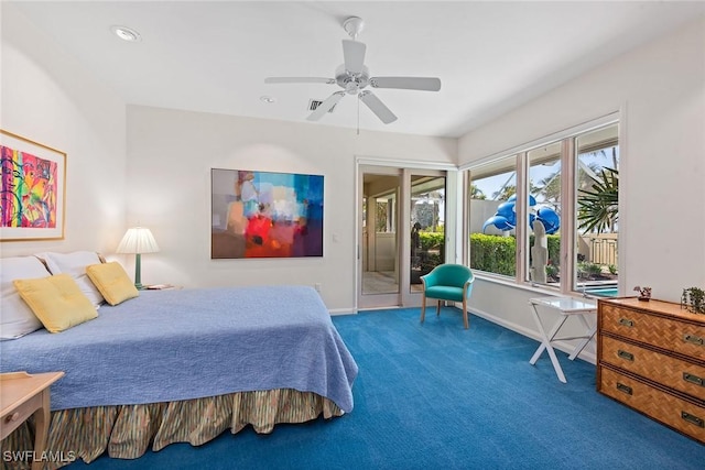 bedroom with baseboards, carpet floors, ceiling fan, and access to exterior