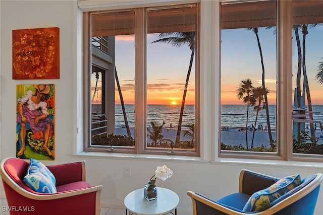 sitting room with a water view