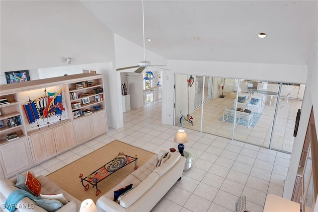 30 3rd Ave S, Naples, FL 34102 - living area with a ceiling fan, light tile patterned flooring, recessed lighting, and high vaulted ceiling