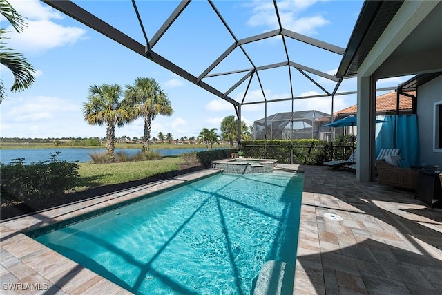 view of swimming pool with a water view, glass enclosure, a pool with connected hot tub, and a patio