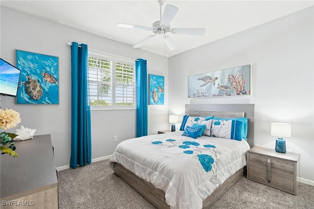 bedroom featuring carpet floors, ceiling fan, and baseboards