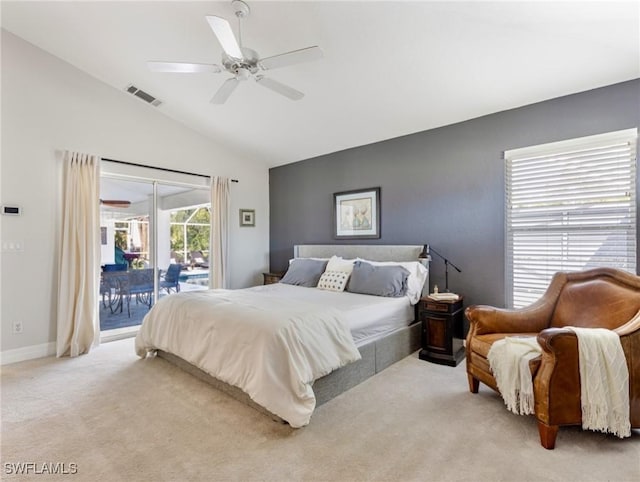 carpeted bedroom featuring ceiling fan, visible vents, baseboards, vaulted ceiling, and access to outside