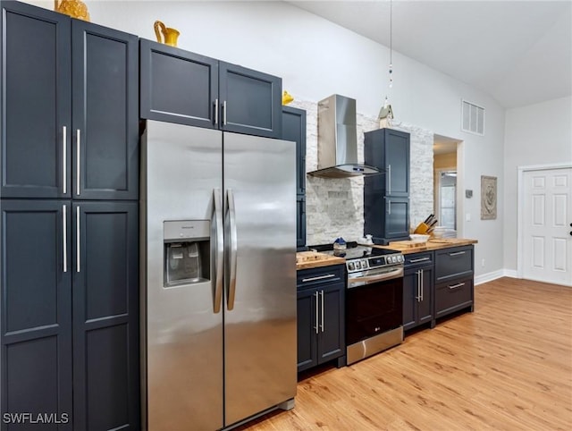 kitchen with stainless steel appliances, visible vents, light wood-style floors, backsplash, and wall chimney exhaust hood