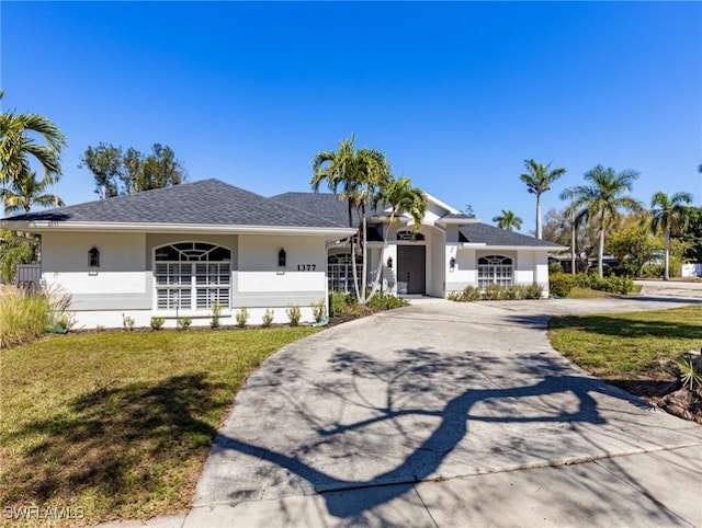 view of front of house with driveway, a front lawn, and stucco siding