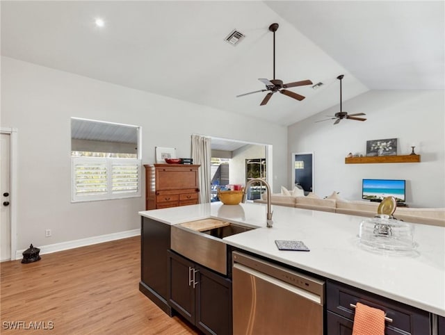 kitchen featuring open floor plan, visible vents, dishwasher, and a sink