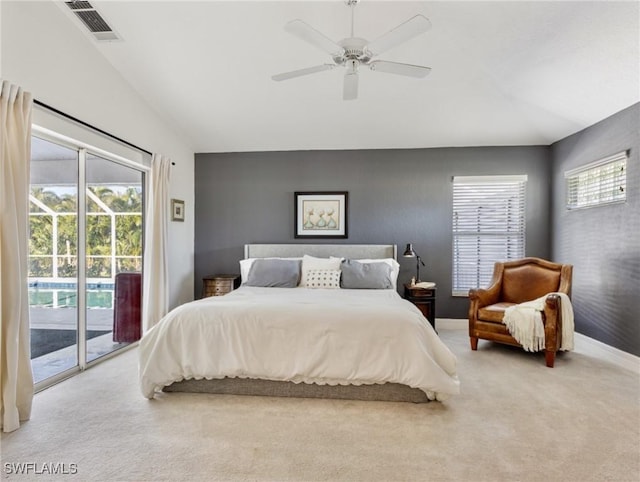 carpeted bedroom with baseboards, a ceiling fan, visible vents, and access to exterior