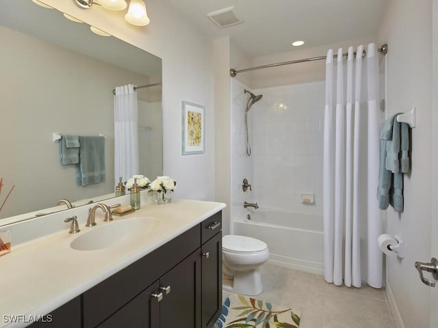 bathroom with tile patterned flooring, visible vents, toilet, shower / tub combo, and vanity